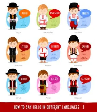 Cartoon characters saying hello in different languages. Stock Illustration