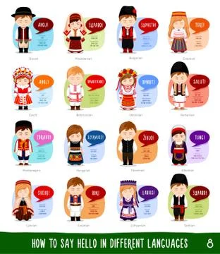 Cartoon characters saying hello in different languages. Stock Illustration