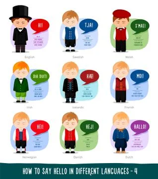 Cartoon characters saying hello in different languages. Illustration