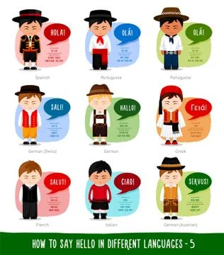 Cartoon characters saying hello in different languages. Illustration
