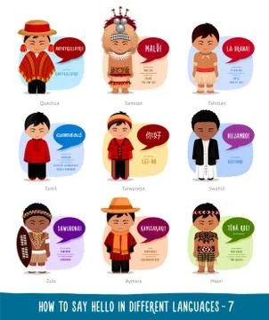 Cartoon characters saying hello in different languages. Stock Illustration
