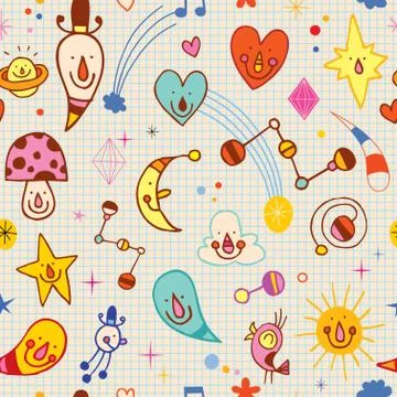 Cartoon characters seamless pattern with note book paper background Stock Illustration