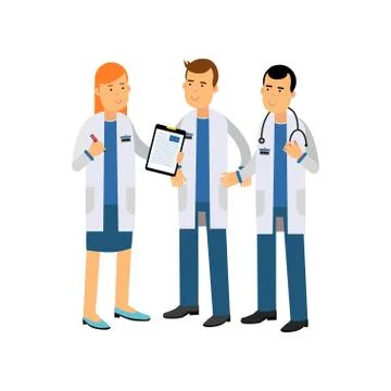 Cartoon characters of three doctors in white coats and equipment standing 스톡 일러스트