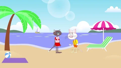 Cartoon characters. Two funny cats are talking on the beach. Stock Footage 293189804