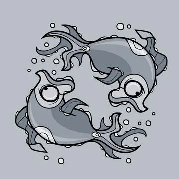 Cartoon characters two mirrored fish in bubbles Stock Illustration