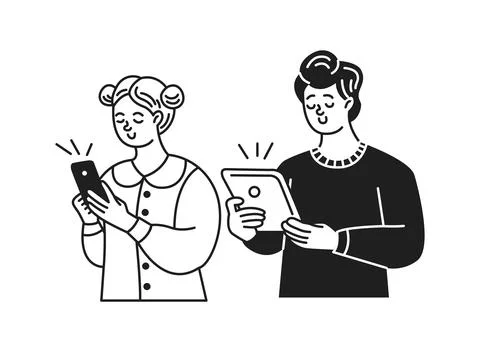 Cartoon Characters Using Mobile Devices 스톡 일러스트