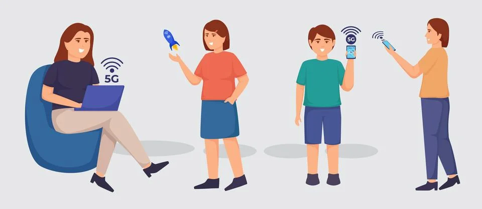 Cartoon characters using mobile wireless technology Stock Illustration