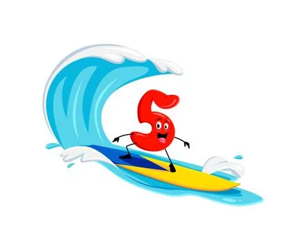 Cartoon cheerful math number five rides surfboard Illustration