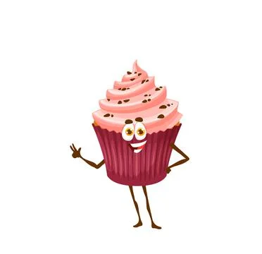 Cartoon cheerful raspberry cupcake character, pie Stock Illustration