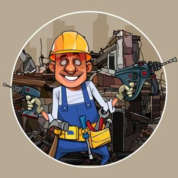Cartoon cheerful worker with tools on the background of the ruins Stock Illustration