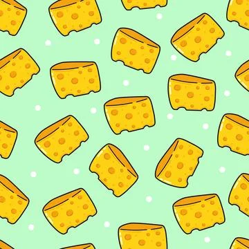 Cartoon cheese slices seamless pattern on green background Stock Illustration