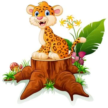 Cartoon cheetah on tree stump Stock Illustration