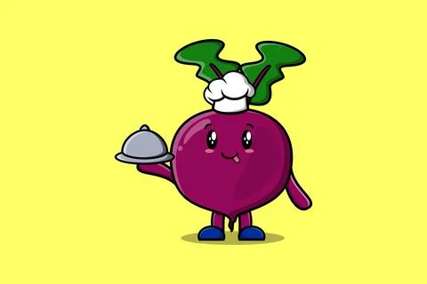 Cartoon chef Beetroot mascot serving food on tray Stock Illustration