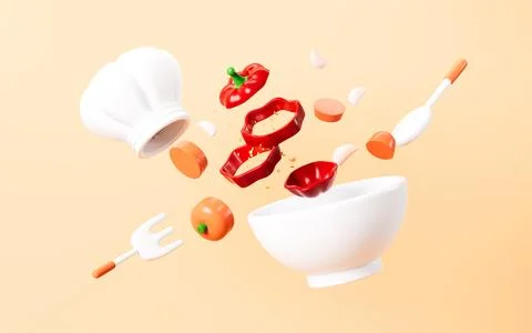 Cartoon chef cap, fork, spoon, bowl and splashing red peppers, chopped carr.. Stock Illustration