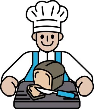 A cartoon chef is cutting bread with a knife Stock Illustration