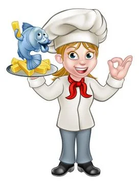 Cartoon Chef Fish and Chips Woman Illustrazione stock