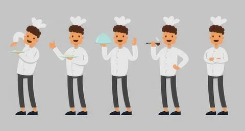 Cartoon chef man with chef hat holding food and cooking Stock Illustration