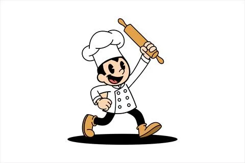 Cartoon chef running with rolling pin in hand, wearing white hat and coat Stock Illustration