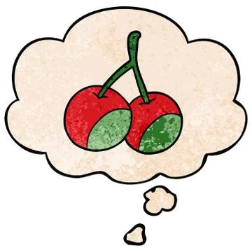 Cartoon cherries and thought bubble in grunge texture pattern style Stock Illustration