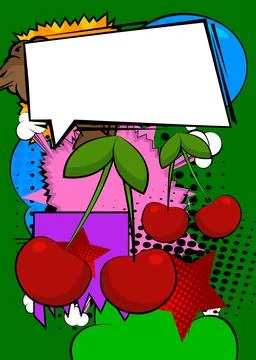 Cartoon Cherry with blank speech bubble, comic book fruit background. Retro.. 库存插图