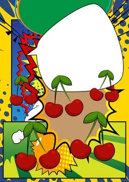Cartoon Cherry with blank speech bubble, comic book fruit background. Retro.. Illustrazione stock