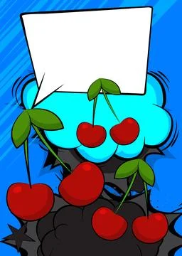 Cartoon Cherry with blank speech bubble, comic book fruit background. Retro.. Illustrazione stock
