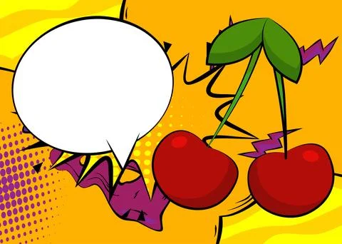 Cartoon Cherry with blank speech bubble, comic book fruit background. Retro.. Stock Illustration