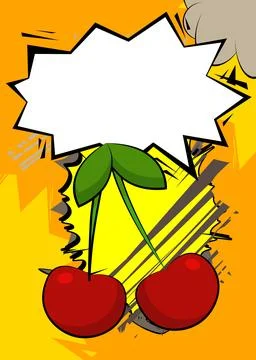 Cartoon Cherry with blank speech bubble, comic book fruit background. Retro.. イラスト素材