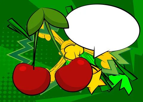 Cartoon Cherry with blank speech bubble, comic book fruit background. Retro.. Illustrazione stock