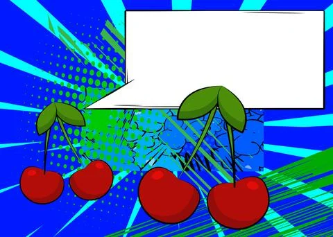 Cartoon Cherry with blank speech bubble, comic book fruit background. Retro.. Illustrazione stock