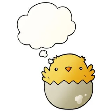 Cartoon chick hatching from egg and thought bubble in smooth gradient style Stock Illustration