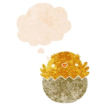 Cartoon chick hatching from egg and thought bubble in retro textured style Stock Illustration