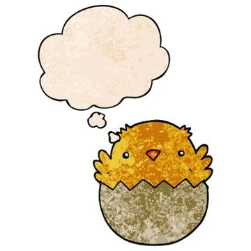 Cartoon chick hatching from egg and thought bubble in grunge texture pattern  Illustrazione stock
