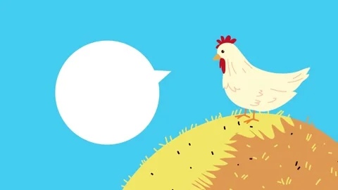 Cartoon chicken character standing on haystack with empty speech bubble for.. Stock Footage 334268274