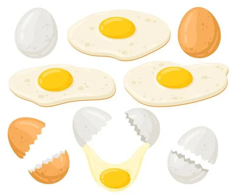 Cartoon chicken eggs vector illustration set. Fresh, fried eggs, broken eggs Stock Illustration