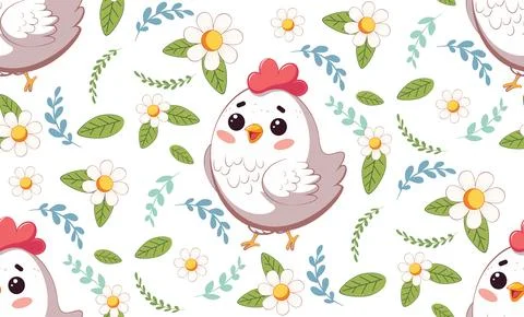 Cartoon chicken with flowers pattern Stock Illustration