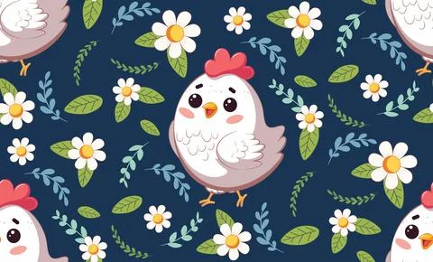 Cartoon chicken with flowers pattern Stockillustratie