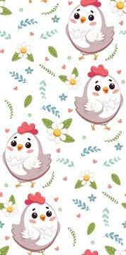Cartoon chicken with flowers pattern Stock Illustration