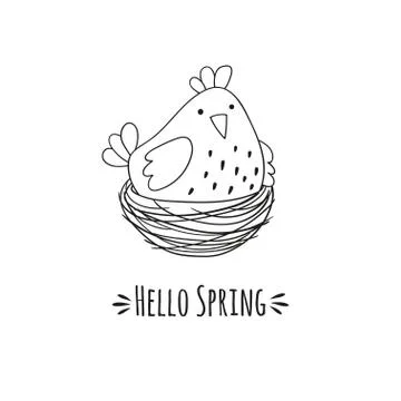 Cartoon chicken in the nest and the inscription hello spring. Stock Illustration