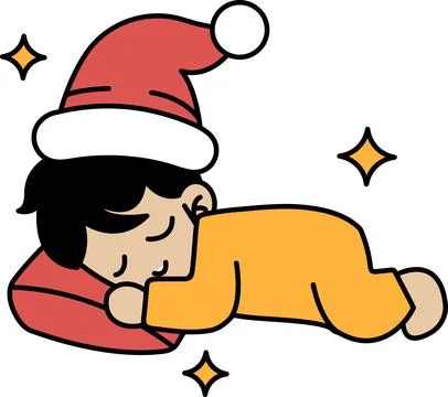 A cartoon of a child sleeping with a hat on Stock Illustration