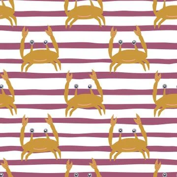 Cartoon childish seamless doodle pattern with ocher crab ornament. Striped ba Stock Illustration