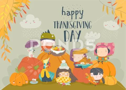 Cartoon children celebrating Thanksgiving Day with animals Stock Illustration