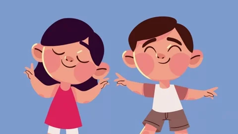Cartoon children characters dancing with joy on blue background. Stock Footage 339273237