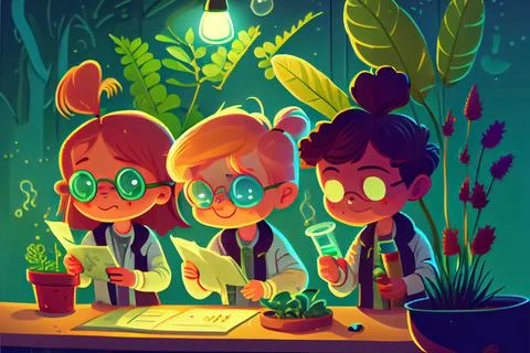 Cartoon children doing experiments researching plant species In the science.. Stock Illustration