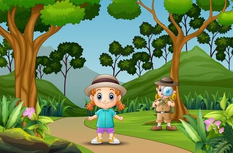 Cartoon children exploring in the forest Stock Illustration