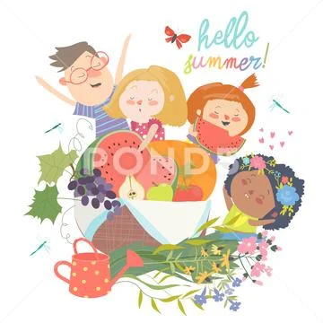 Cartoon children with flowers and fruits. Hello summer Stock Illustration