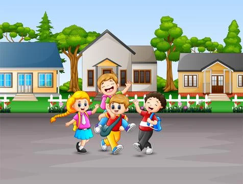 Cartoon of children going to school Stock Illustration