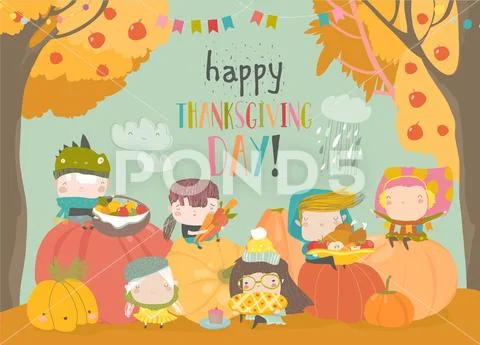 Cartoon children harvesting in autumn garden. Happy Thanksgiving Day Stock Illustration