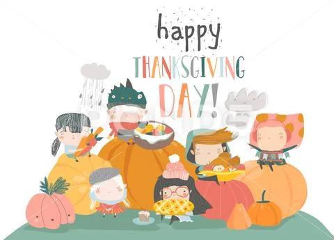 Cartoon children harvesting on white background. Happy Thanksgiving Day Stock Illustration