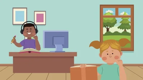Cartoon children studying in classroom environment with digital tools and b.. 動画素材 338421433